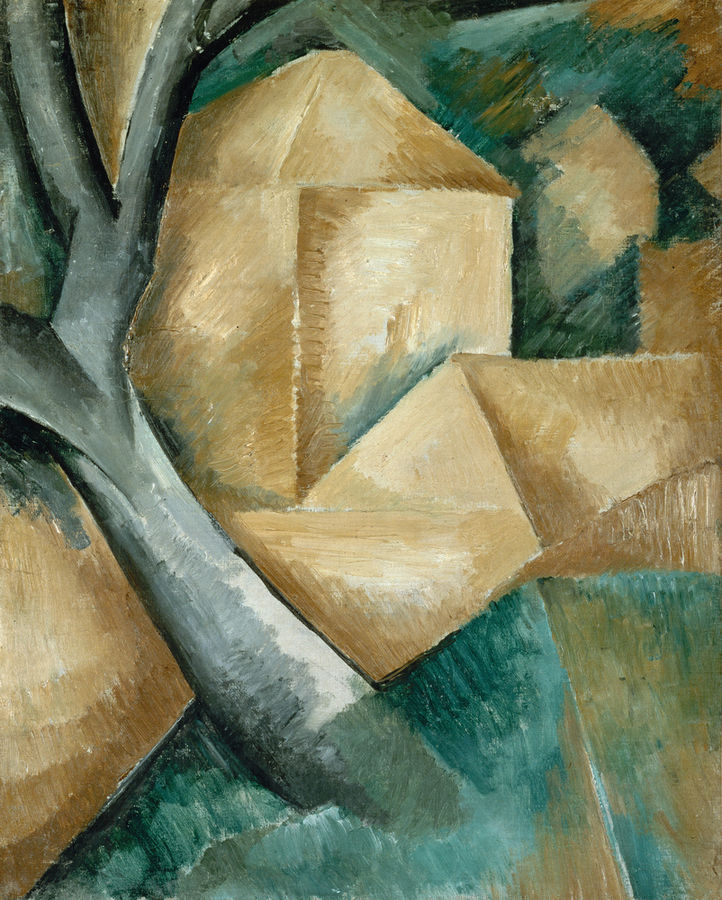 A cubist representation of a houses. The painting is composed of tans and aquas.