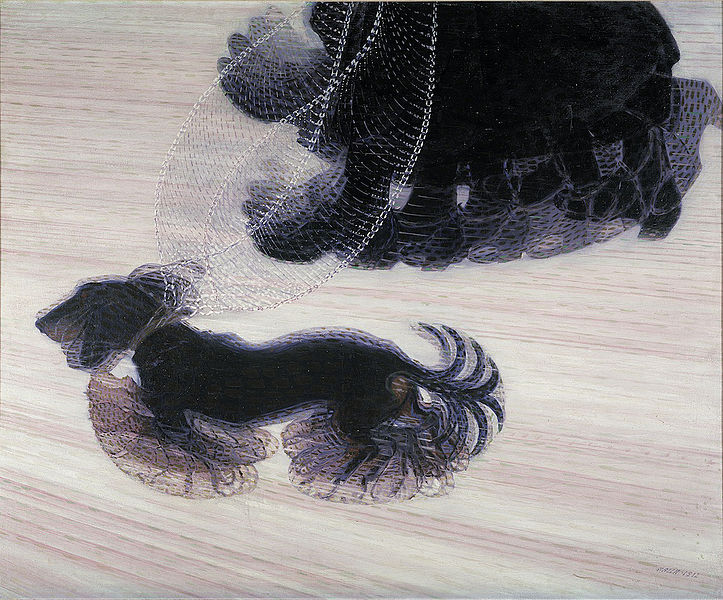 Una persona paseando a un perro. Para mostrar el dinamismo, las patas, la cabeza y la cola de los perros, así como los pies de la persona, han sido representadas múltiples veces.
