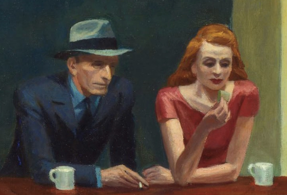 A man and a woman sitting next to each other at a bar counter. They each have a mug sitting in front of them. Neither is looking at the other person.