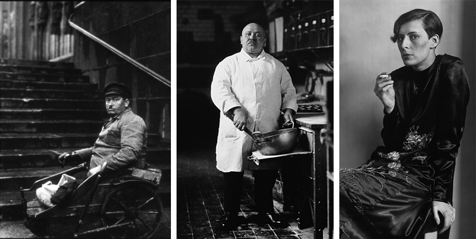 Three photographic black and white portraits. In the first, a wheelchair-ridden man sits in his chair at the bottom of an outdoor staircase. In the second, a chef looks directly at the camera, holding onto a large mixing bowl that’s resting on the counter. In the third, a secretary sits on a chair, one had on the seat, the other raised as she smokes. None of the subjects of the portraits are smiling.