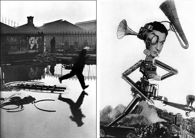 A two part image. Part 1, Behind the Gare Saint Lazare, is an early black and white photograph capturing motion. The man in the photograph is blurred, his body frozen hovering over water, his reflection clearly visible below him. Part 2, The Roving Reporter, is a black and white photomontage. The montage has taken a man’s face and built him a body made of pens, typewriters, and other machinery. His right eye has been replaced by a full camera. This robotic form walks over mountains, buildings, and crowds causing the reporter to appear on a massive scale.