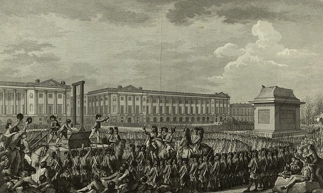 Soldiers surround a guillotine. A man can be seen holding Louis XVI's head for the crowd to see.