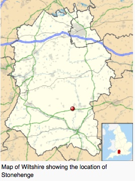 Map of Wiltshire showing the location of Stonehenge. It is in the southwest area of England