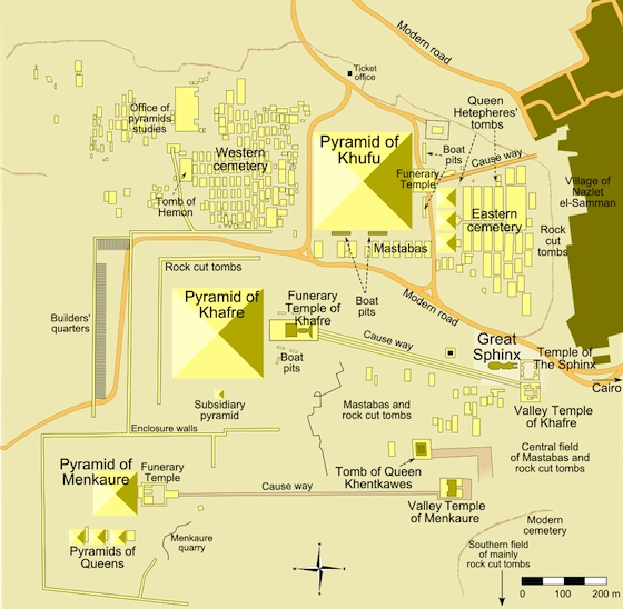 A map showing the relative location of the pyramids of Khufu, Khafre, and Menkaure. The scale of the pyramids is clearly shown with Khufu as the largest, and Menkaure as the smallest. Smaller than these three great pyramids are 3 pyramids of Queens, which are a fraction of the size of the Pyramid of Menkaure. The complex also includes the Western cemetery near the Pyramid of Khufu, the Eastern cemetery on that pyramid’s other side, and the Great Sphinx to the north of the Eastern cemetery.