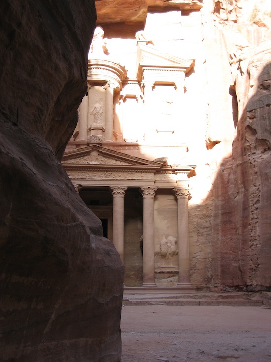 Detailed face of the treasury. Ornate columns and frieze are visible