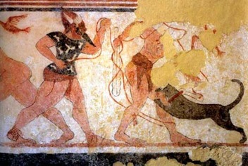 The tomb painting has suffered damage over time, but the Figures are still visible, as is the blood coming from the victim.