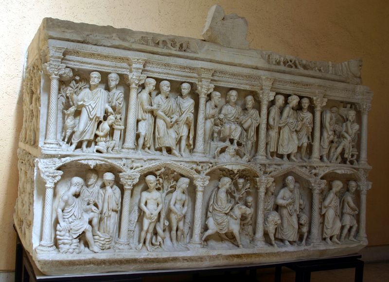 A plaster cast of the original sarcophagus. This replication shows 10 different scenes from the bible including Adam and Eve in front of the tree and Daniel in the Lions' Den