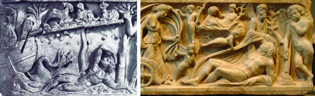 La pose tanto de Jonás como de Endymion es casi idéntica, con ambas estiradas en el suelo, apoyadas en sus brazos izquierdos con la derecha sobre la cabeza. Jonás está rodeado por el barco y la hiedra, mientras que Endymion está rodeado de otras figuras de su mito.
