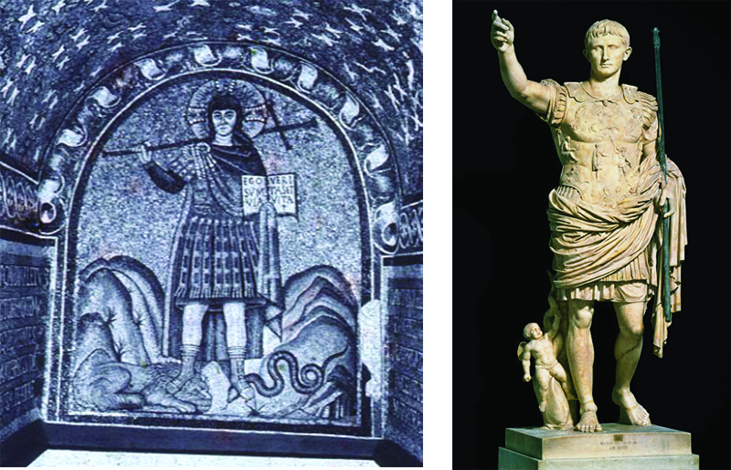 The left painting depicts Christ in typical roman soldier clothing holding a cross over his shoulder and a book in his hand. He is stepping on both a lion and a snake. The sculpture on the right depicts Augustus wearing similar clothing to the Christ painting, with his hand outstretched pointing. His other hand is positioned to hold something, which has been removed by time.