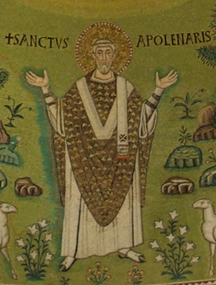 Depiction of a saint. This mosaic does not attempt to appear realistic, but instead is representative.