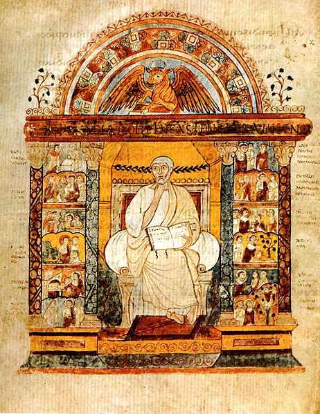 An intricate illustration of Saint Luke. He is seated with an open book in his lap. He is framed by miniature Christian scenes.