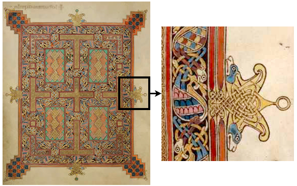 An intricate carpet design; a close up shot emphasizing the intricacies. The close up showcases a spur of the carpet design, which is in the shape of a 5 pointed star, the two lower points are designed like dog's faces.