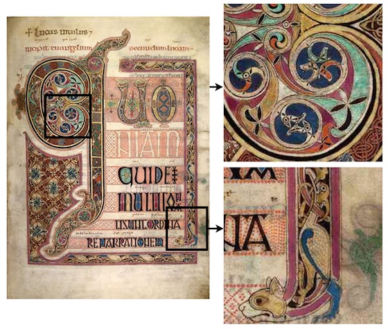 The first page of the gospel of Saint Luke is repeated with close up frames of different portions showing the bird heads in the center of a G and a cat's head with a bird above it forming the frame of the page.