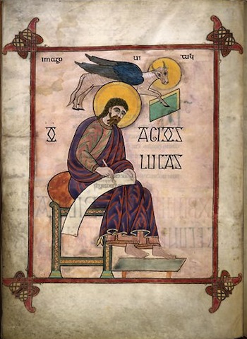 Saint Luke writing on a roll of parchment. His head is surrounded with a yellow halo, indicating his divinity. A flying ox is behind him. It has a halo as well.
