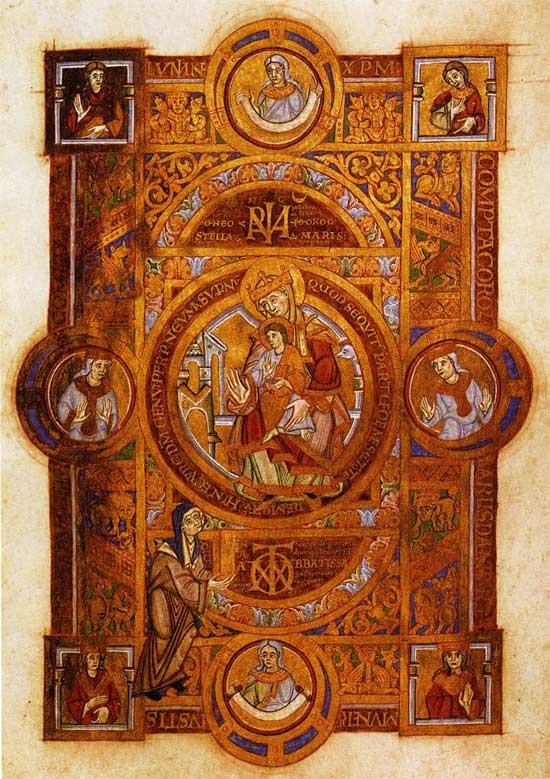Intricate rectangular frame. At the center is a circle with Mary and the Christ child. There are circle at the top and sides of the frame, and squares at each corner. In each of these there is a different Saint. In the bottom left, between the corner square and the bottom circle, Uta stands presenting the codex.