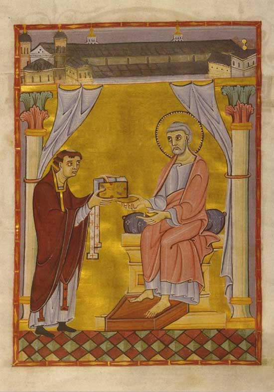 Saint Peter is seated on a relaxed throne, with a halo behind his head. Hillinus is wearing religious robes and presenting the codex.