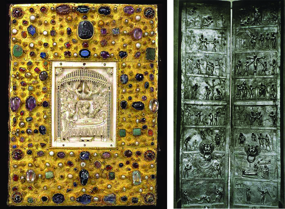 Left: Codex cover with a stone carving at its center depicting the burial of the Virgin Mary. The rest of the cover is gold and embedded with precious stones. Right: Intricate doors that are at least twice the height of a man. Each door has 9 panels, all stacked upon each other. These panels depict different Christian scenes, including the crucifixion.