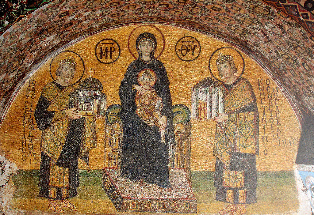 Mosaic work. All four Figures have halos, though they vary. Constantine's and Justinian's are ringed in black, Mary's and Christ's are both ringed in red, but Christ's has a white cross over the gold halo.
