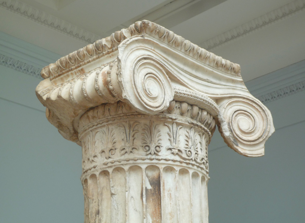 This ionic capital is sold and a strictly geometric pattern, relying on curves and lines for its artistry.