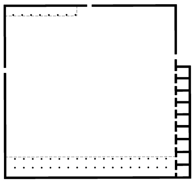 A simple diagram. The house is a single room with notation on the top and bottom for covered areas. On the right, there are several alcoves.
