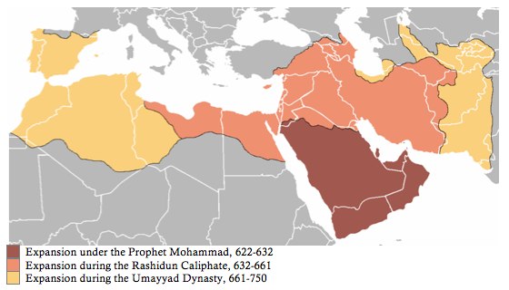 Under the Prophet Mohammad (years six hundred twenty-two to six hundred thirty-two) the caliphate included Yemen, Oman, the majority of Saudi Arabia, and a small portion of Jordan. The Rashidun Caliphate (years six hundred thirty-two to six hundred sixty-one) expanded to include parts of Egypt and Libya, the rest of Saudi Arabia and Jordan as well as Iraq, Syria, Israel, Lebanon, Armenia, and Azerbaijan; most of Iran; parts of Turkey, Georgia, Turkmenistan, Pakistan, and Afghanistan; and small portion of Russia. Under the Umayyad Dynasty (years six hundred sixty-one to seven hundred fifty), the caliphate expanded to include Portugal, Tunisia, Morocco, the rest of Iran and Afghanistan, more of Libya, Pakistan, and Turkmenistan, as well as most of Algeria, Spain, and Tajikistan and parts of Uzbekistan, Kyrgyzstan, and India.
