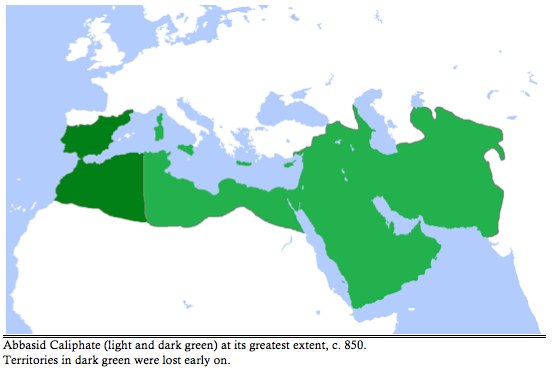 The Abbasid Caliphate at its greatest extent, circa the year eight hundred fifty. The territory is similar to that of the Umayyad Dynasty, though the Abbasid calphate had expanded a bit further east into Asia and it had taken a few Grecian islands. Early on, territories in Spain, Barcelona, Morocco, Tunisia, and Algeria were lost.