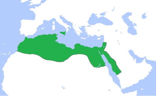 El territorio abarca la porción norte de África (esta porción termina antes de la frontera más baja del Egipto moderno), y una estrecha franja de Arabia Saudita, así como Israel y Jordania modernos.