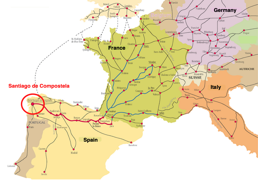 A map showing Portugal, Spain, France, England, Belgium, Germany, Switzerland, and Italy. The map shows several routes from cities throughout all the countries to Santiago de Compostela. This holy site is on the northwest coast of Spain.