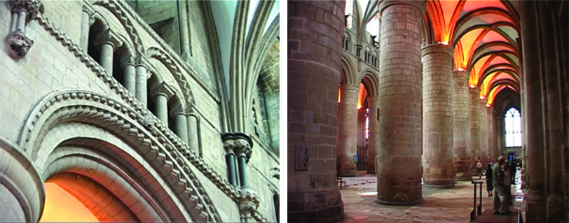 Left: A close up of an arched entryway. The arch has geometric embellishments, but they are subtle. Right: The aisle ceiling has orange stained glass allowing those walking it to be bathed in orange light.