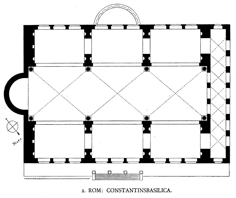 A typical basilica floor plan. The basic structure is a rectangle, with an entrance on one of the longer sides of the building. There is a semi-circle porch directly across the basilica from the entrance. The aisles and the nave point toward the side of the building rather than the entrance. The ambulatory is at the head of the nave, on one of the short sides of the basilica. There is another aisle at the remaining side of the basilica.