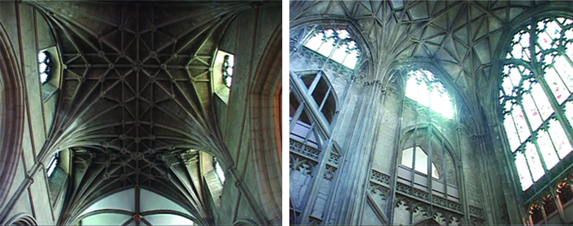(Left) Thin supporting vaults in the ceiling. Despite being there for support, these vaults have been placed to be decorative. (Right) Criss-crossing vaults over the windows.
