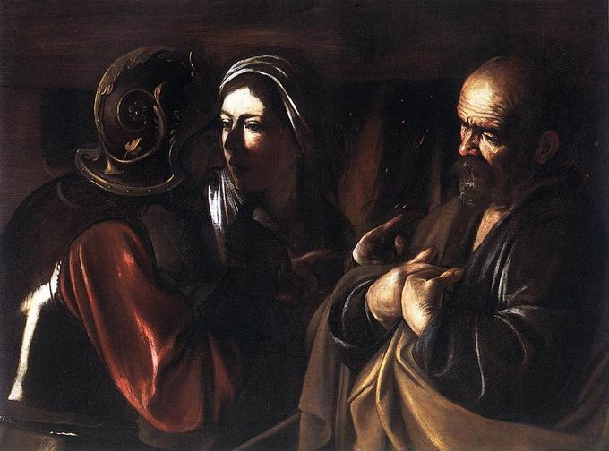 Esta pintura representa una escena del Nuevo Testamento. San Pedro está negando a Jesús después de que Jesús fue detenido.