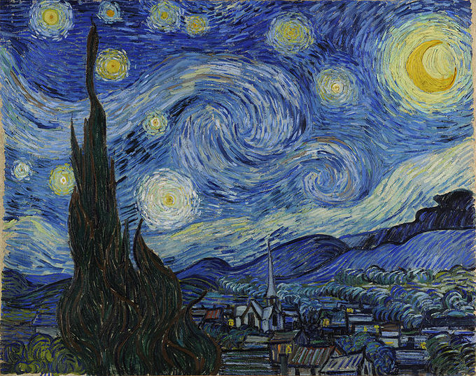 La pintura representa la vista desde la ventana orientada al este de la sala de asilo del pintor justo antes del amanecer. Una luna estilizada y estrellas brillan en un pueblo idílico.