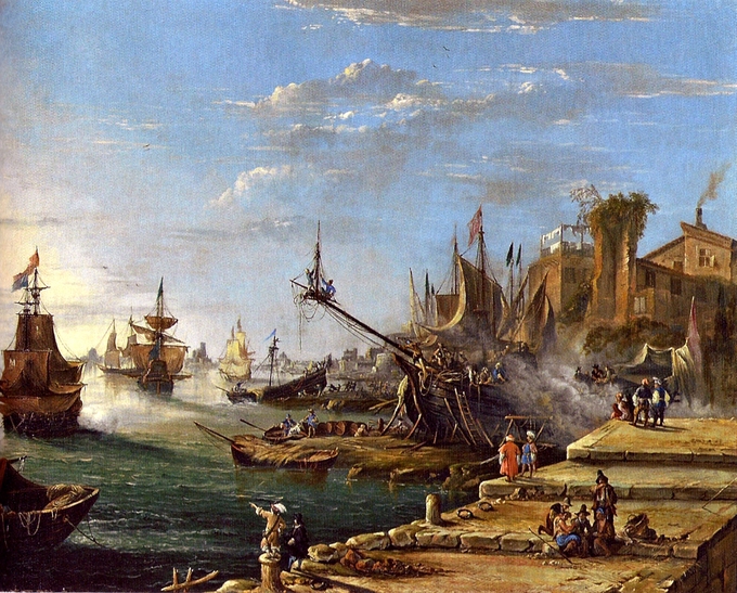 Landscape painting depicting the scene at a busy seaport.