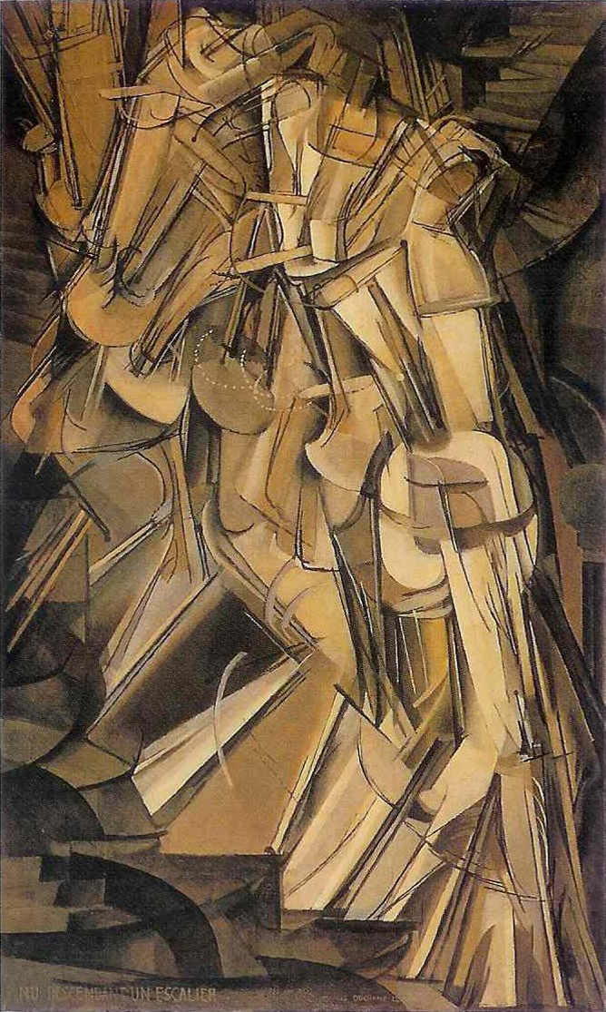 Painting depicts a figure demonstrating an abstract movement. The discernible "body parts" of the figure are composed of nested, conical and cylindrical abstract elements, assembled together to suggest rhythm and convey the movement of the figure merging into itself.