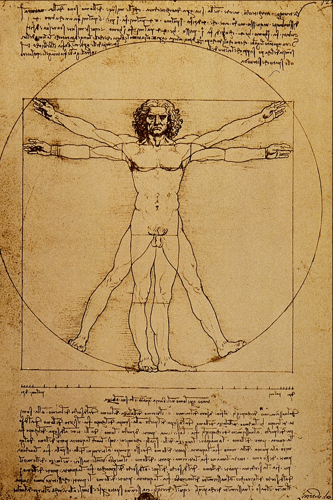 El dibujo representa a un hombre en dos posiciones superpuestas con los brazos y las piernas separados e inscritos en círculo y cuadrado.