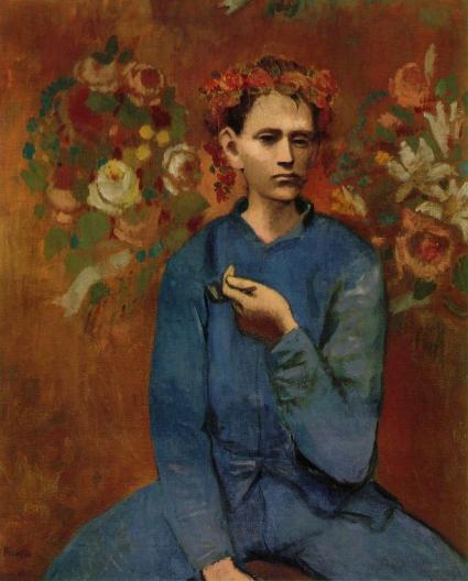 Oil on canvas painting depicts a Parisian boy holding a pipe in his left hand and wearing a garland or wreath of flowers.