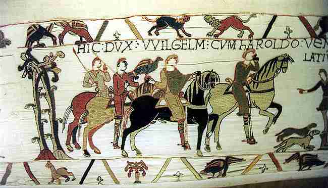 Photo of a segment of the whole tapestry, which depicts the events leading up to the Norman conquest of England.