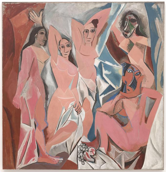 Pintura que representa a cinco mujeres desnudas. Sus cuerpos son angulares, compuestos de formas planas y astilladas. La colocación de rasgos en sus rostros es más abstracta que realista.