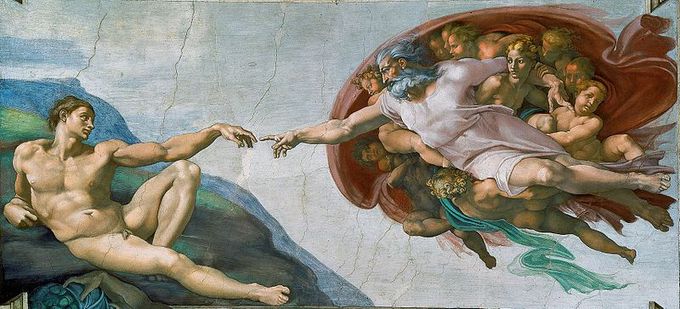 Fresco painting depicts God creating Adam. God is portrayed as an elderly white-bearded man wrapped in a swirling cloak while Adam, on the lower left, is completely nude. God's right arm is outstretched to impart the spark of life from his own finger into that of Adam, whose left arm is extended in a pose mirroring God's, a reminder that man is created in the image and likeness of God.