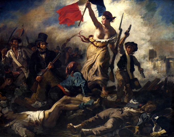 Oil painting on canvas. Women in a dress torn to reveal her nude chest stands over a pile of dead soldiers. With one hand, she waves France's red, white, and blue flag. With the other she brandishes a musket. Behind and to the side of her are other fighters, holding weapons.
