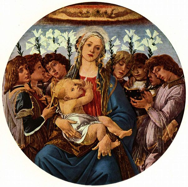 Painting with Virgin Mary at the center. She is sits holding the baby Jesus, and her gaze appears to wander. The baby's gaze is fixed on the view, as he plays with the veil Mary wears. The two are surrounded by eight angels, who appear to be singing. Each angel holds a white lily.