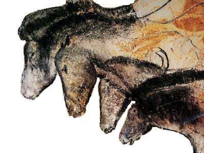 Cave painting that depicts the heads of four horses.