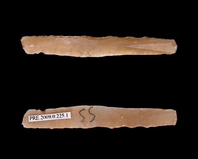 Photograph depicts the front and back view of a bladelet made of what appears to be flint.