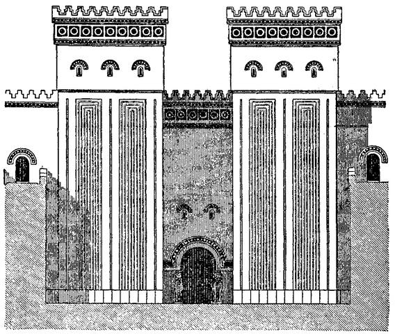 Drawing of the architecture of the Palace of Dur-Sharrukin, which shows archways and pillars.