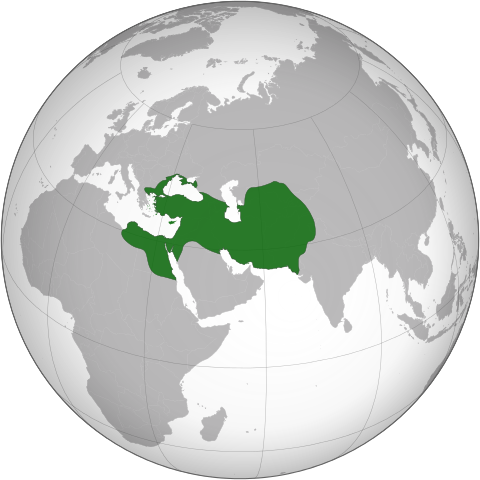 Map renders the Persian Empire in green. The colored area includes modern-day Iran, Iraq, Israel, Syria, Turkey, Pakistan, Afghanistan, and small portions of Egypt and India.