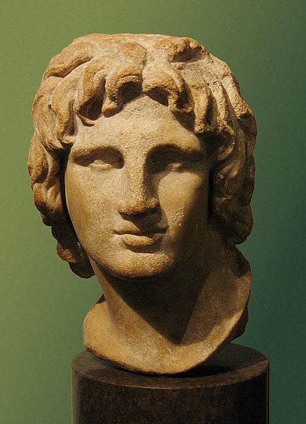Photo depicts bust of Alexander the Great. His nose is wide and slightly assymetrical and his hair is thick and wavy.