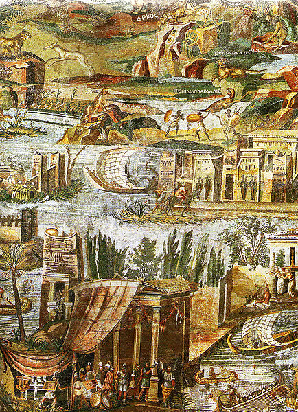 Close-up of a floor mosaic depicting the Nile in its passage from Ethiopia to the Mediterranean. Features detailed depictions of Ptolemaic Greeks, black Ethiopians in hunting scenes, and various animals of the Nile river.