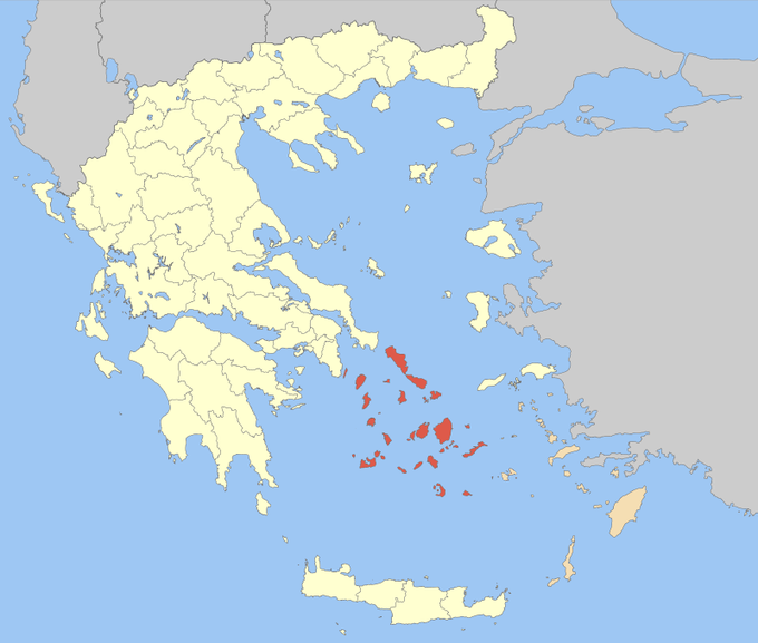 This is a map that shows the Aegean Sea. The Cyclades islands are highlighted and encircle the island of Delos.