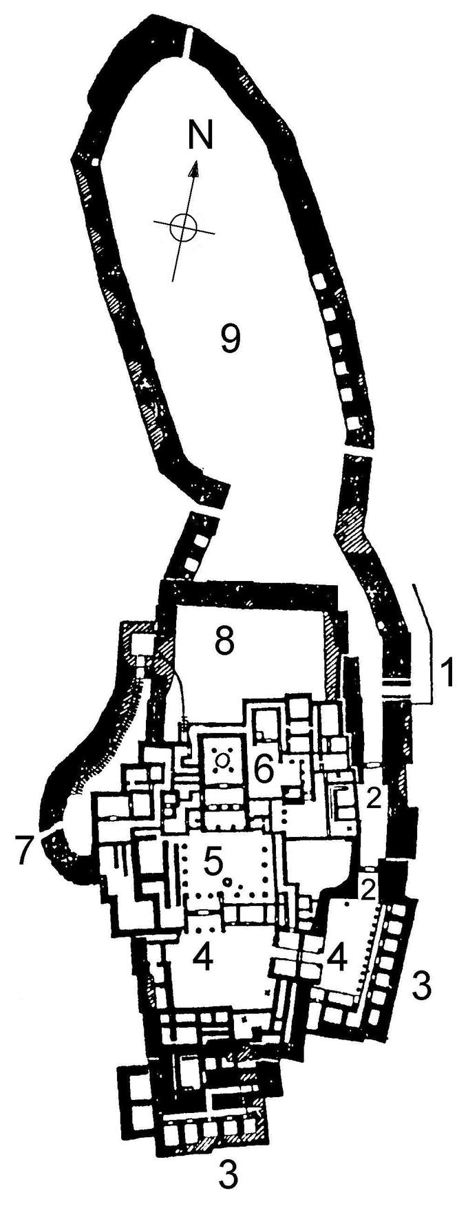 Drawing of the ground plan of the citadel of Tiryns, circa 1400–1200 BCE, in Tiryns, Greece.